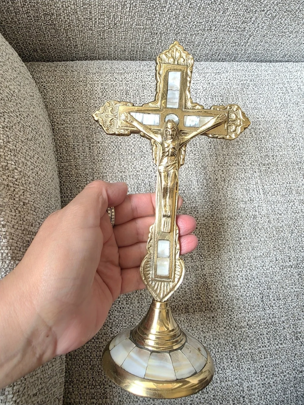 Vintage Brass & Mother of Pearl Standing Crucifix - Altar Tabletop Cross, 10